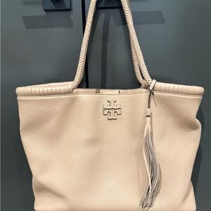 Tory Burch Beige Leather Taylor Tote with Tassel